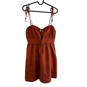 2/$15 Forever 21 M Tie Strap ruffle mini dress burnt orange peep front side zip
